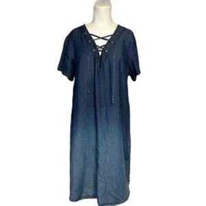 New Directions Womens Denim Shirt Dress‎ Sz M Chambray Short Sleeve Casual Boho